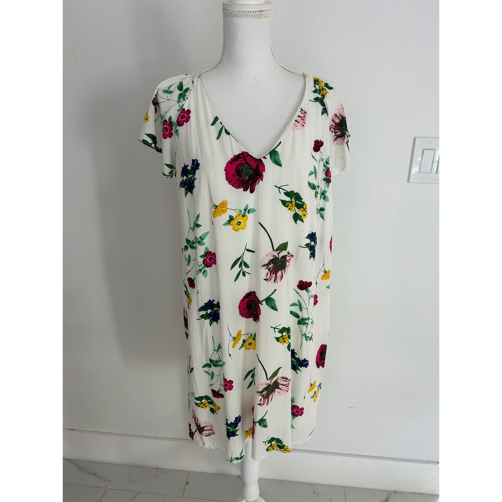 Old Navy Floral V-Neck Flutter Sleeve Shift Mini Dress White Pink Large